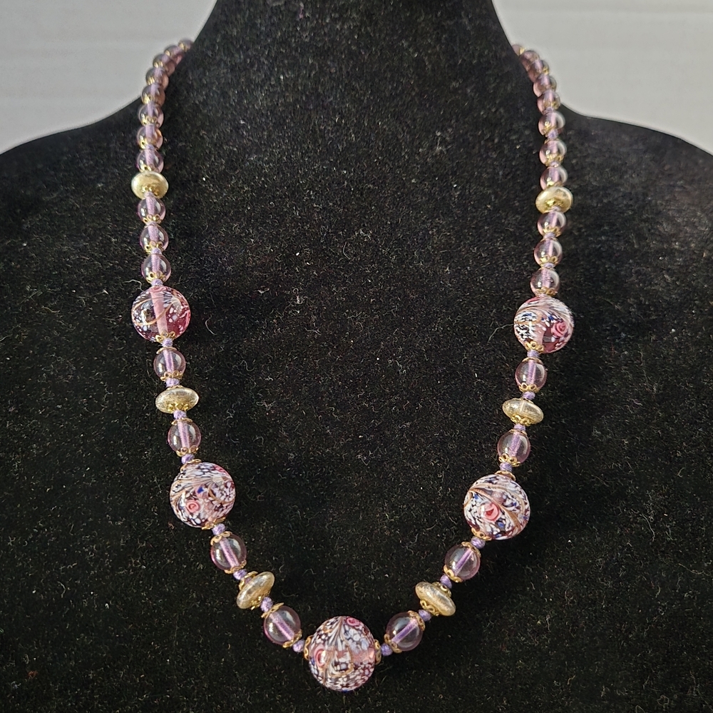 Vntg Venetian Hand Blown Purple Glass Beaded Necklace EUC 24"